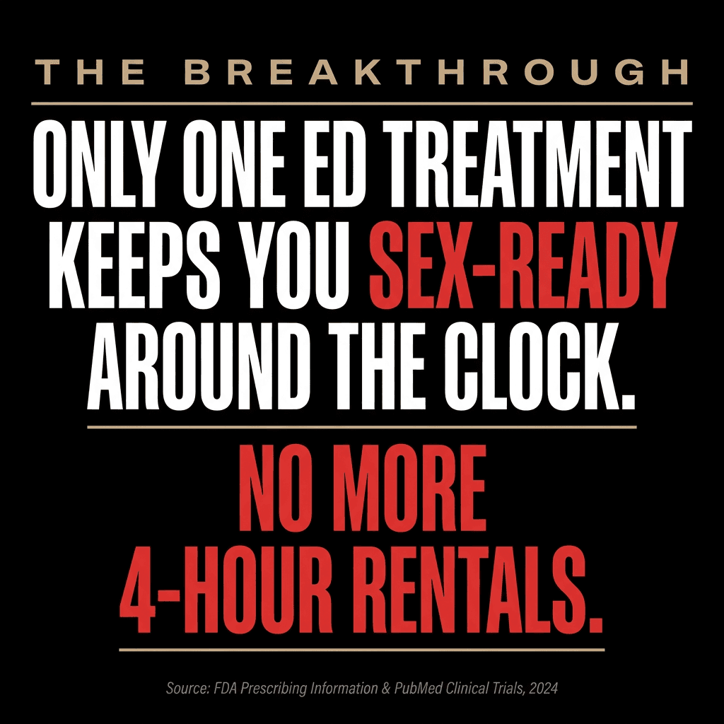 The breakthrough: only one ED treatment keeps you sex-ready around the clock. No more 4-hour rentals.