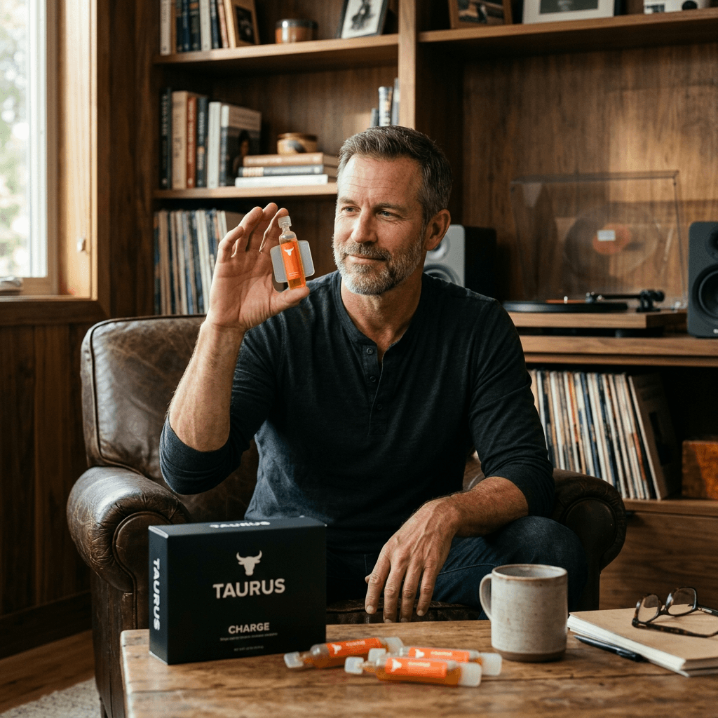 A man in a leather armchair in a wood-panelled den holds up a Taurus Charge ampoule, with the black Taurus Charge carton and more ampoules on the table in front of him