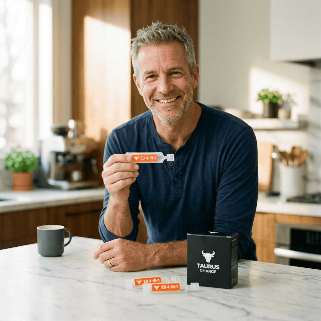 A man in a navy henley at a bright kitchen island holds up a Taurus Charge ampoule, with the black Taurus Charge carton and more ampoules on the counter in front of him