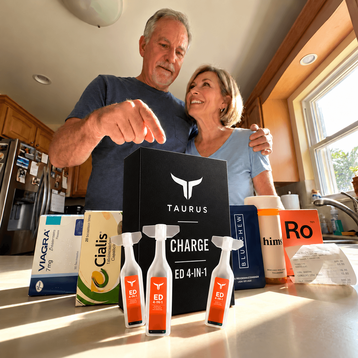 Howard and his wife in their kitchen, pointing at a black Taurus Charge ED 4-IN-1 carton and three ampoules standing on the counter in front of Viagra, Cialis, BluChew, hims and Ro packs