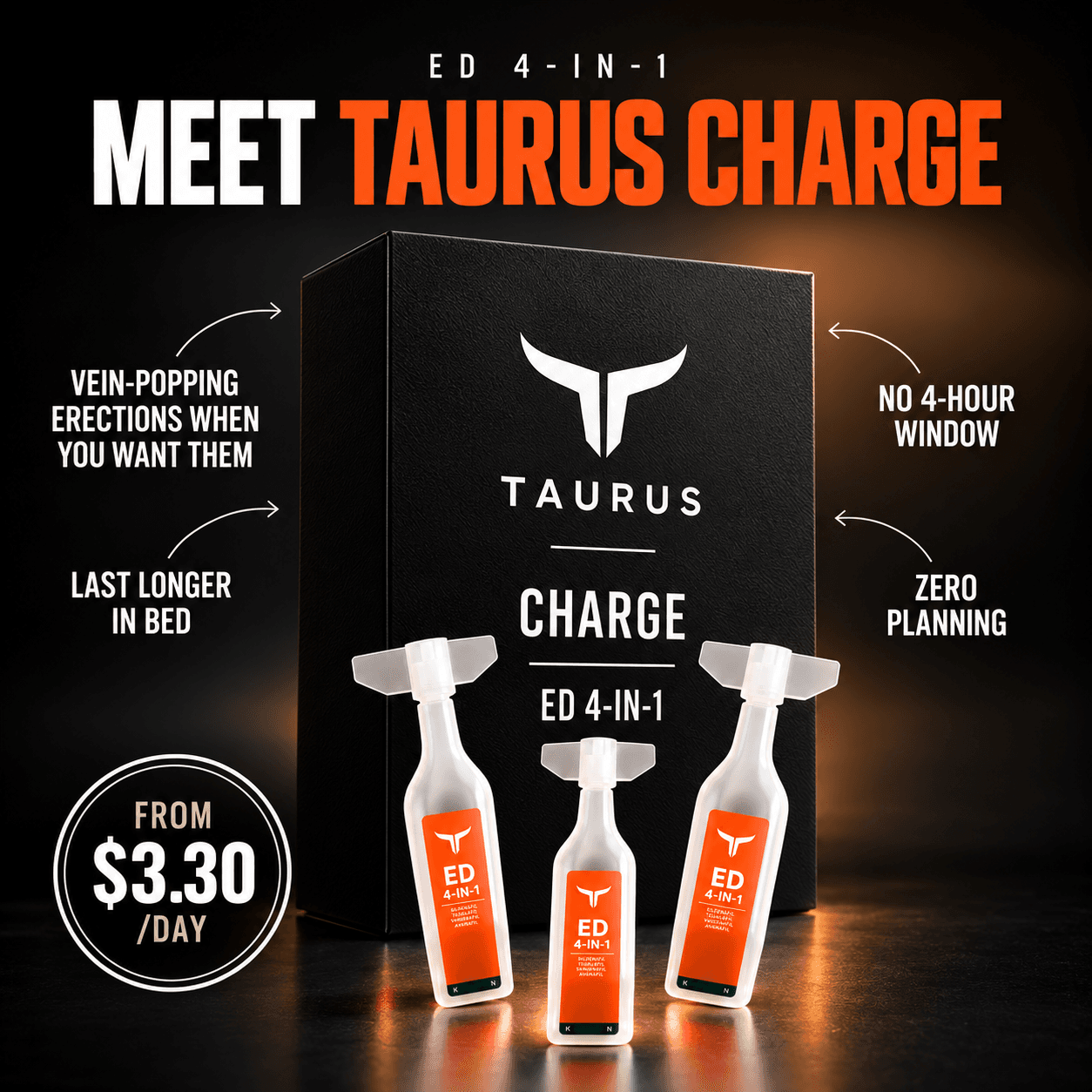 Meet Taurus Charge: the black carton and three orange-labelled ED 4-IN-1 ampoules, from $3.30 a day, the number 1 pick