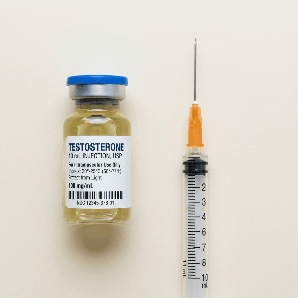 Testosterone 10mL injection vial beside a syringe, the number 5 pick