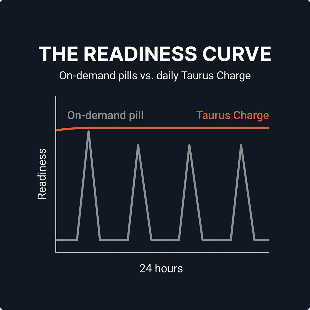 The readiness curve: on-demand treatments spike then crash within four hours, while daily Taurus Charge™ keeps readiness steady around the clock.