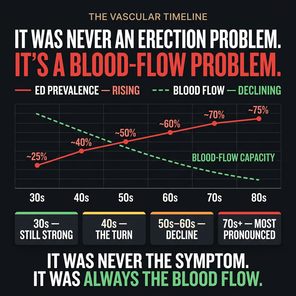 The vascular timeline: ED prevalence rises from about 25% in your 30s to about 75% in your 80s while blood-flow capacity declines. It was never the symptom, it was always the blood flow.